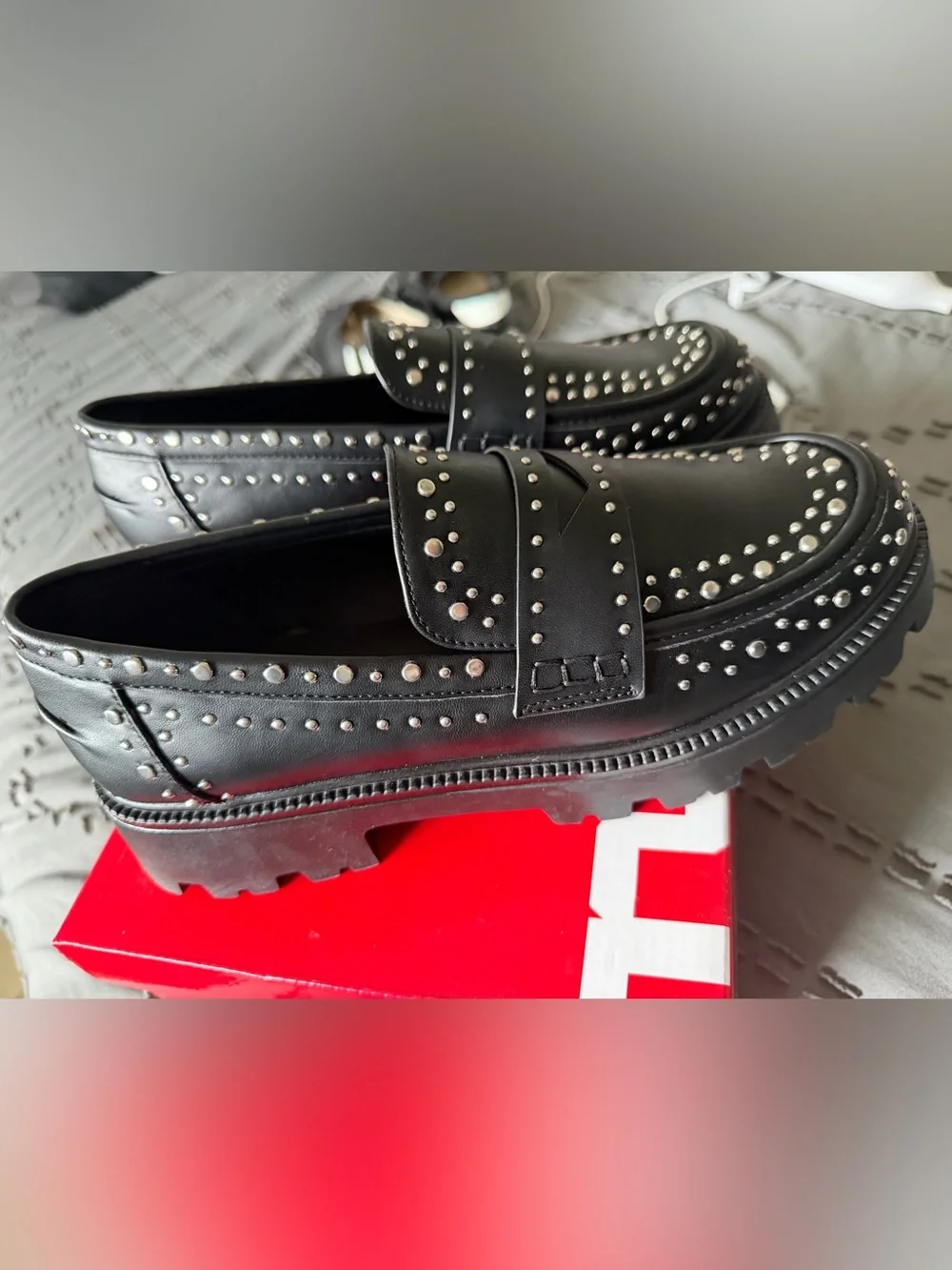 Black Studded Leather Loafers for Women